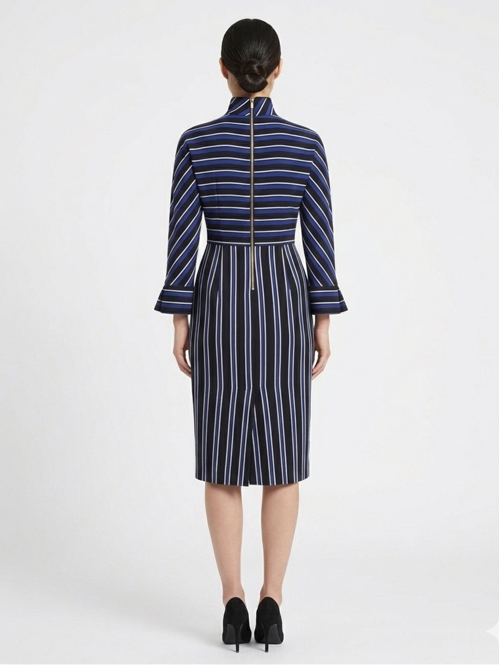 Olympia Le-Tan Striped Dress Sz 42 Blue Black Mock Neck Paris Designer - Picture 2 of 16